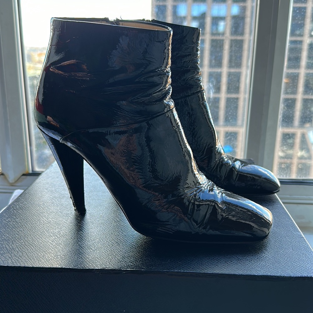 Prada Vernice black patent leather 4 inch booties used